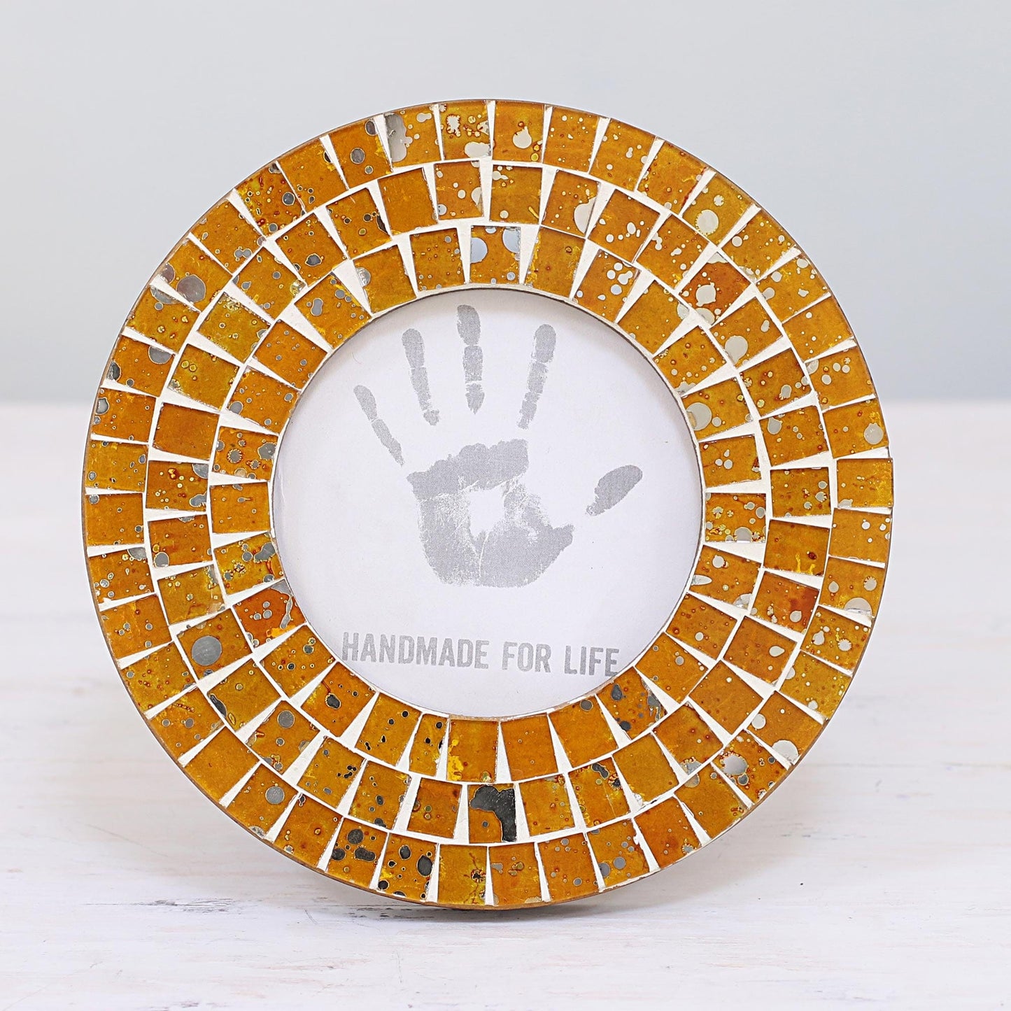 4 Inch Circular Orange Glass Mosaic Photo Frame from India - Bubbling Memories