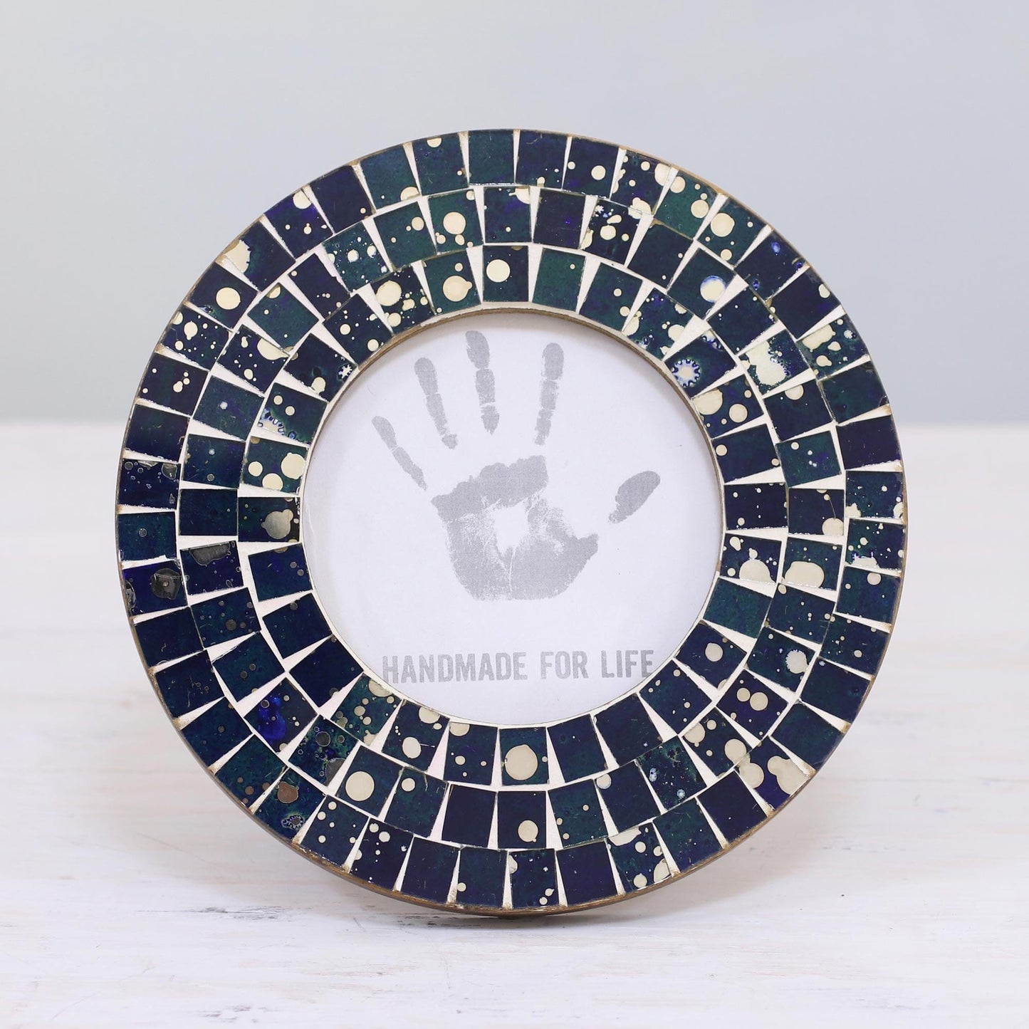 4 Inch Circular Blue Glass Mosaic Photo Frame - Bubbling Memories in Blue