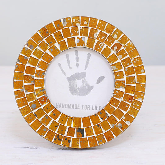 4 Inch Circular Orange Glass Mosaic Photo Frame from India - Bubbling Memories