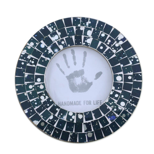 4 Inch Circular Blue Glass Mosaic Photo Frame - Bubbling Memories in Blue